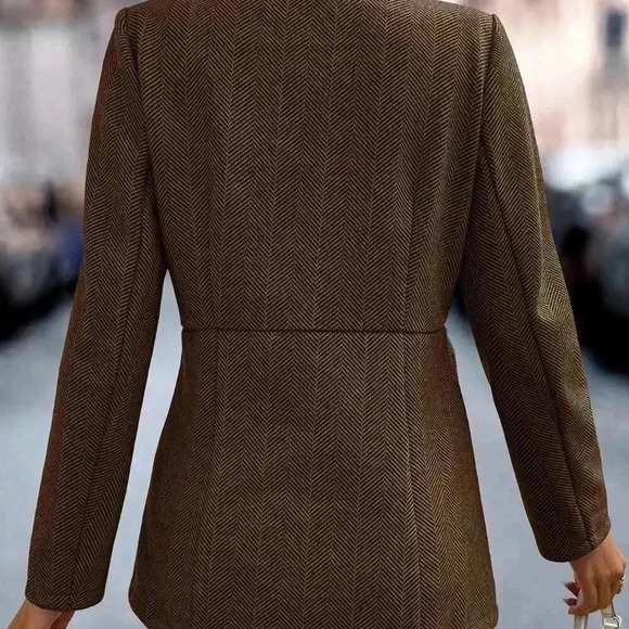 Coffee Brown Casual Women's Herringbone Pattern Long Sleeve Overcoat - Picture 2 of 7